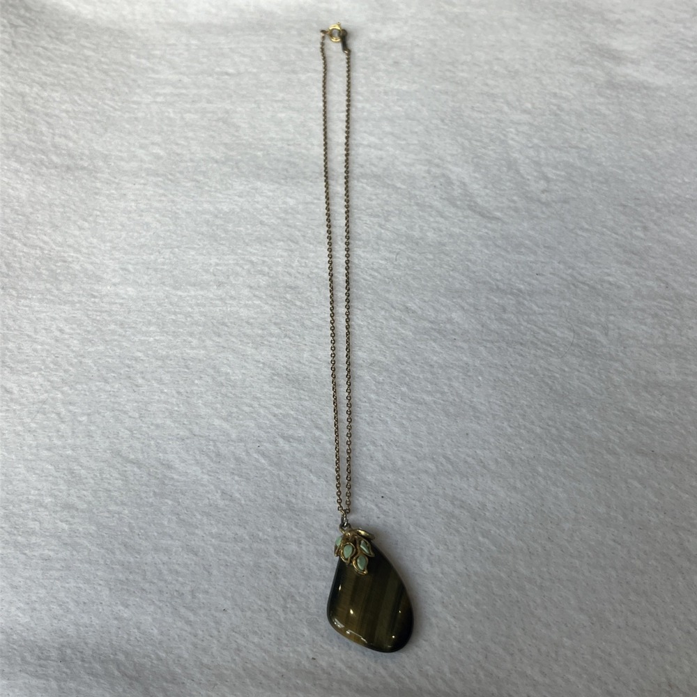 Vintage Dainty Gold Tone Pendant Necklace 15 1/4" Tiger's Eye Turquoise Accent